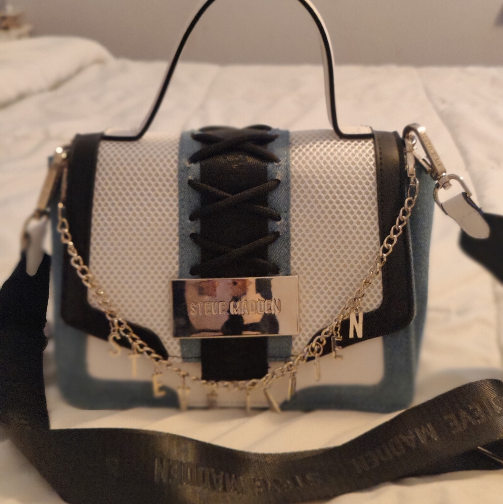 Steve Madden Black, White, and Blue Denim Crossbody Bag